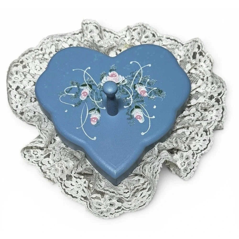 Vintage Blue Wooden Heart Wall Key Holder Hand Painted Floral Cottagecore